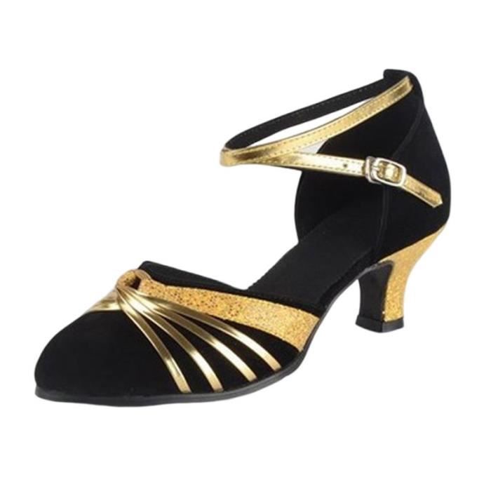 chaussures de danse femme bout fermé dessus velours latine salsa tango prom intérieur noir doré