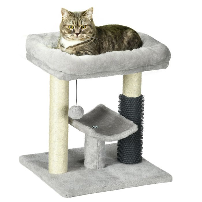 Arbre à chat - PawHut - petit modèle arbre à grimper tour de jeux poteau sisal balle - peluche - hauteur 48 cm - gris