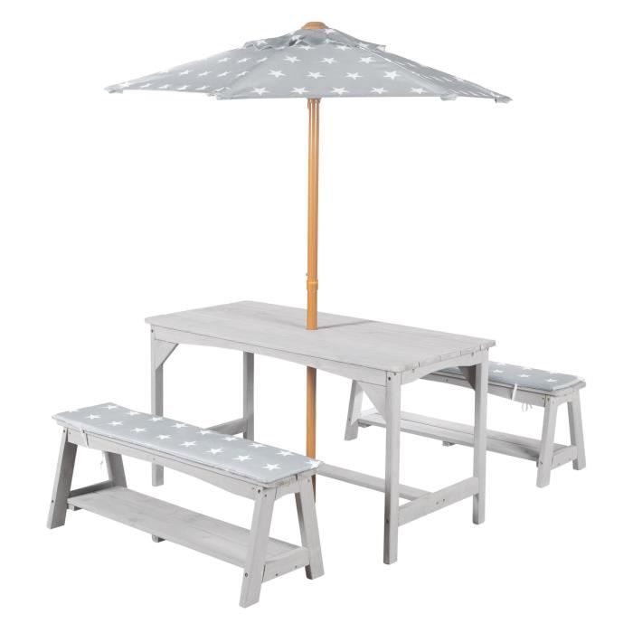 roba table pique-nique et 2 bancs enfants outdoor + en bois massif - ensemble de jardin + parasol et coussins - gris