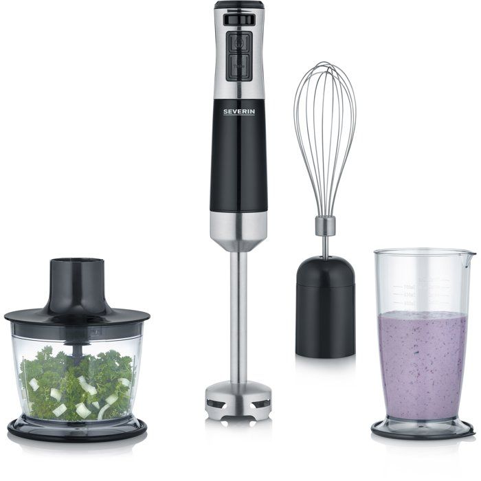Mixeur plongeant 3-en-1 - SEVERIN - SM3772 - 600 W - Pied amovible - Mini Hachoir - Fouet - Gobelet 700 ml - Sans BPA - Noir / Inox