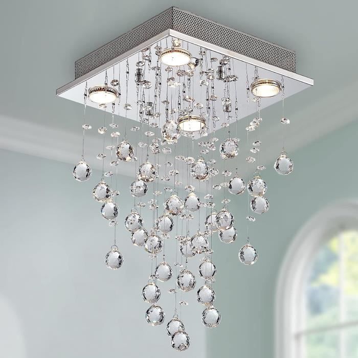Lustre LED Cristal Carré BESTIER - 30x50cm, 4 Ampoules GU10, Or Moderne, Pour Salon/salle à Manger