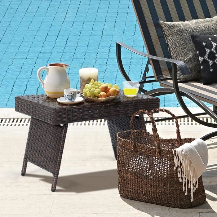 Table Basse Pliante Jardin En Rotin PE | 60x40x40 Cm, Charge 45 Kg | Structure Acier, Pieds Réglables - Marron