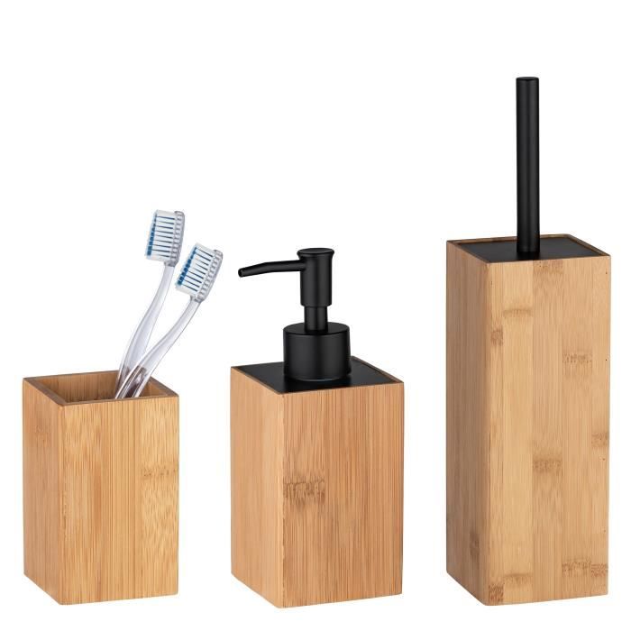 Set accessoires salle de bain bois bambou, gobelet brosse à dent, distributeur savon liquide, Brosse WC, Padua