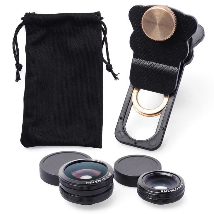 Kit Objectifs Photo Pour Wiko View 5 Plus : Fisheye, Grand Angle, Macro - Clip Noir