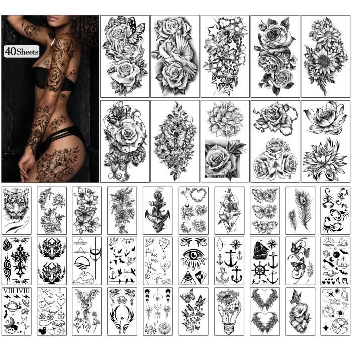 40 feuilles de Tatouages Temporaires Imperméables Fleurs Rose Tamponné Faux Tatouage mélange Style durable corps Art Tatouage autoco
