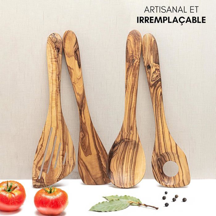 CRAFLAIR Set 5 Ustensiles Cuisine Bois D'Olivier Avec Porte-Ustensiles - Cuillères Et Spatules Artisanales Durables