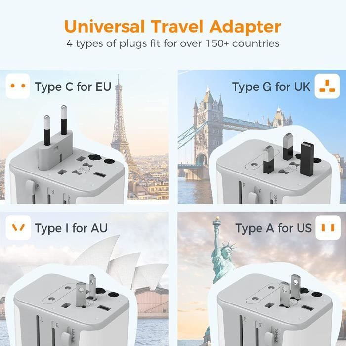 TESSAN Adaptateur de Voyage Universel avec 3 USB et 1 Type C, Prise France  vers USA Canada UK Italie Australie Chine Japon Suisse