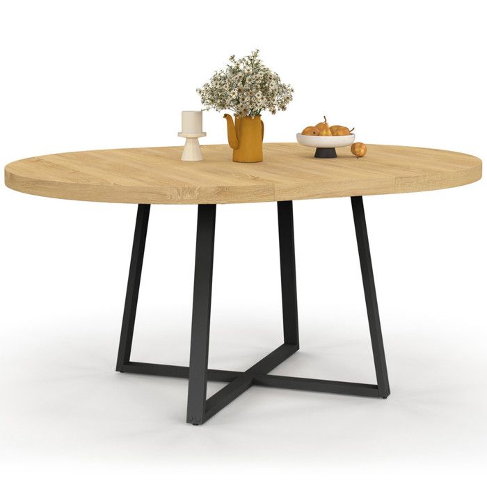 Table Phoenix IDMarket Table à Manger Extensible Ronde Phoenix - Bois Et Noir 110-150cm Pour 4-6 Personnes Table Ronde Industriel