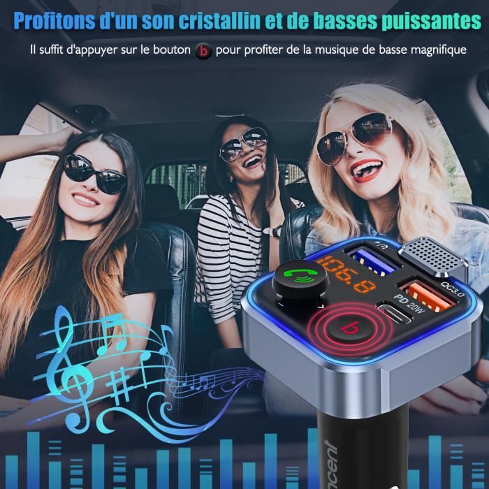 Transmetteur FM Bluetooth Voiture LENCENT - Charge Rapide 48W USB-C/QC - Métal - Hi-Fi, Mains Libres