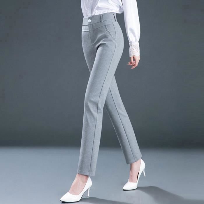 Pantalon Femme Droit Taille Haute Stretch Pantalon Amincissant Couleur Unie Tissu Confortable Gris clair