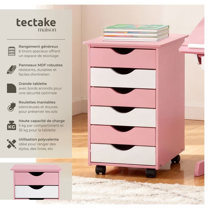 TecTake® Caisson de Bureau 65 x 36 x 40 cm Caisson à roulettes Bois Bureau Enfant Tour de
