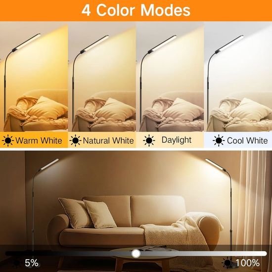 OUTON Lampadaire LED Dimmable 4 Températures Couleur - Télécommande Et Touch Control - Hauteur Réglable - Minuterie - Gris Argenté