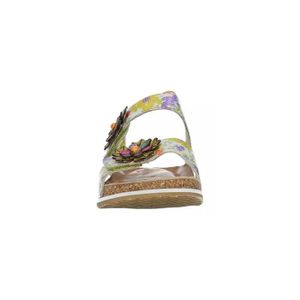 Laura Vita Chaussures Femme Mules Laura Vita Vertes à Fleurs - Talon Compensé Bas - Cuir - Boucle Décorative Semelle Crantée Confort