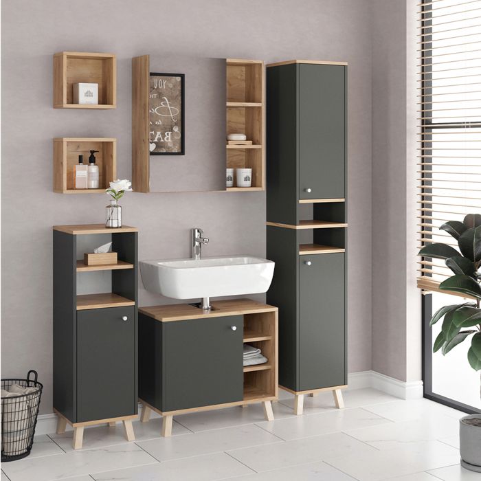 Meuble De Rangement Salle De Bain J-Shape 30x190cm Sonoma/Anthracite - Colonne Avec Portes Et Étages
