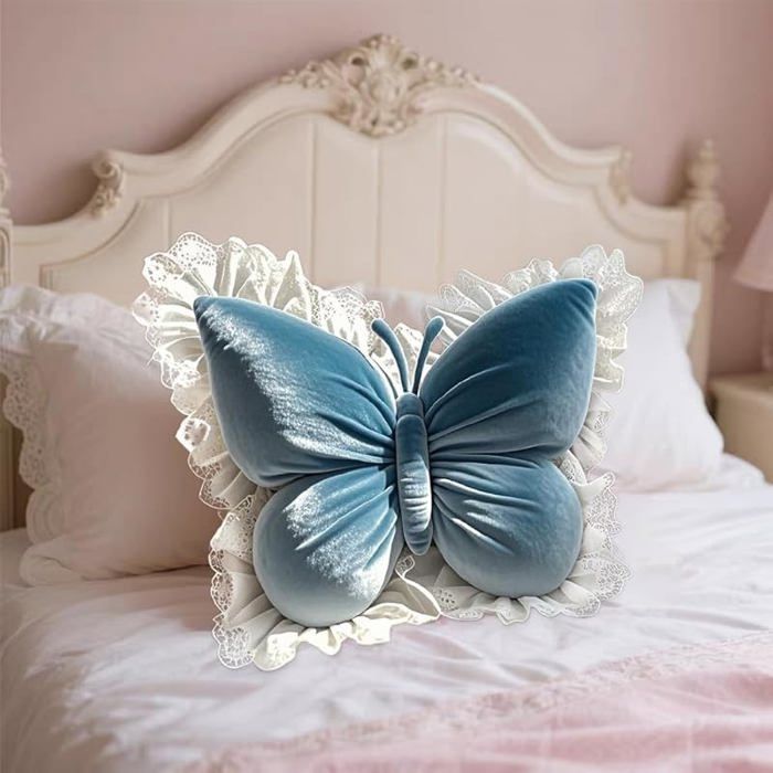 Oreiller Papillon 50x45 Cm Avec Dentelle – Coussin Décoratif Doux Et Féerique Pour Canapé, Lit Et Chambre