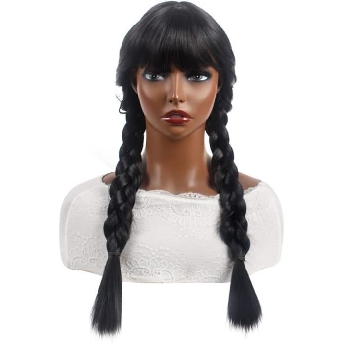 Perruque Mercredi Addams - Pour Cosplay Halloween - Cheveux Noirs Naturels - Taille Universelle