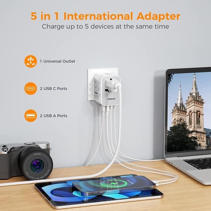 Adaptateur De Voyage Universel Tessan Avec 3 Ports USB - Compatible 224 Pays (USA, UK, UE, Etc.), Prise Monde Vers France, Max 1500W