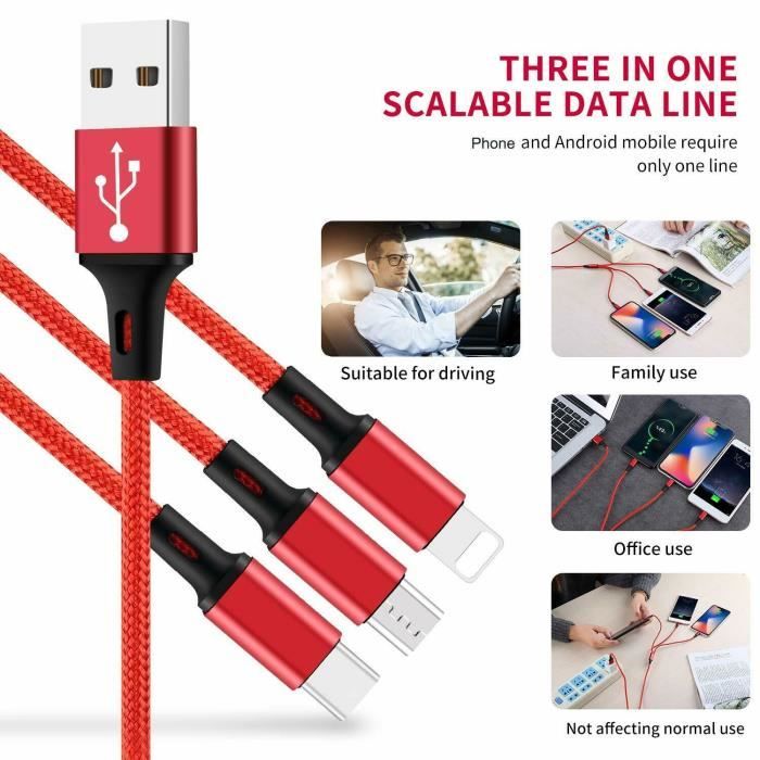 CABLE 3 en 1 USB CHARGEUR SAMSUNG IPHONE X XS XR / 8 / 7 TYPE C /IOS /  Micro USB (Rouge) - Cdiscount Informatique