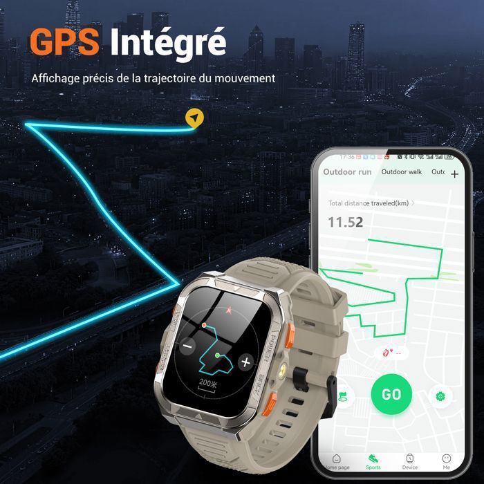 Blackview W70 Pro Montre Connectée Robuste Bluetooth 900mAh,1.45 étanche Smartwatch avec LED Lamp,Boussole - Vert