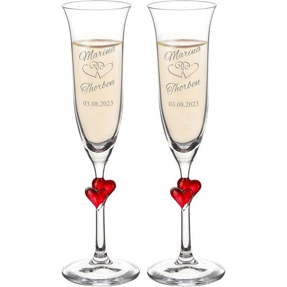Set de 2 flûtes à champagne avec cœur rouge et gravure pour le mariage