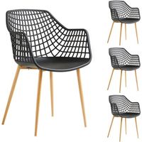 Lot de 4 chaises LUCIA pour salle à mange design retro avec accoudoirs, coque en plastique noir et pieds en métal décor chêne