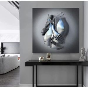 Tableau Abstrait Métallique Gris Sur Toile - Lot De Plusieurs Pièces - Grand Format 250x80 Cm - Prêt à Accrocher