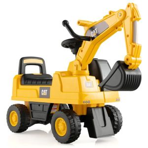 HOMCOM Porteur enfant tractopelle 2-3 ans pelleteuse excavatrice articulée  pivotante 80° casque inclus PP jaune pas cher 