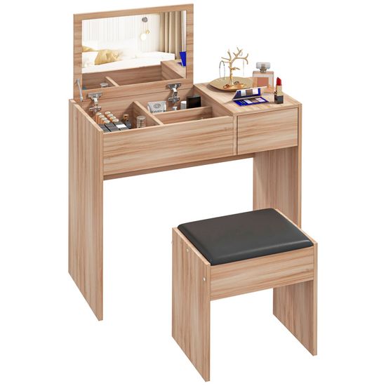 Coiffeuse Avec Miroir & Tabouret 3 En 1 - Blanc Avec Plateau Verre & 3 Tiroirs - Bureau Maquillage Rangement - 48x40x90 Cm