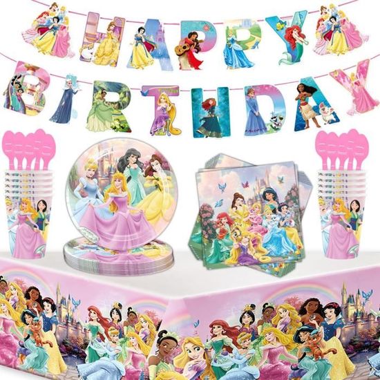 Kit Décoration Fête Princesse - 61 Pièces Pour 20 Invités - Assiettes, Gobelets, Nappe, Serviettes
