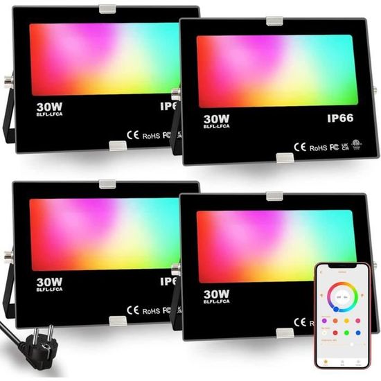 Projecteur LED Extérieur RGB 80W - 16M Couleurs - 8000 Lumens - IP66 - Contrôle Bluetooth - Timer