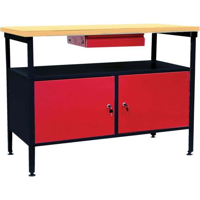 Établi à double porte DEFITEC - Rouge/Blanc - Pieds réglables - 1 tiroir - 2 étagères