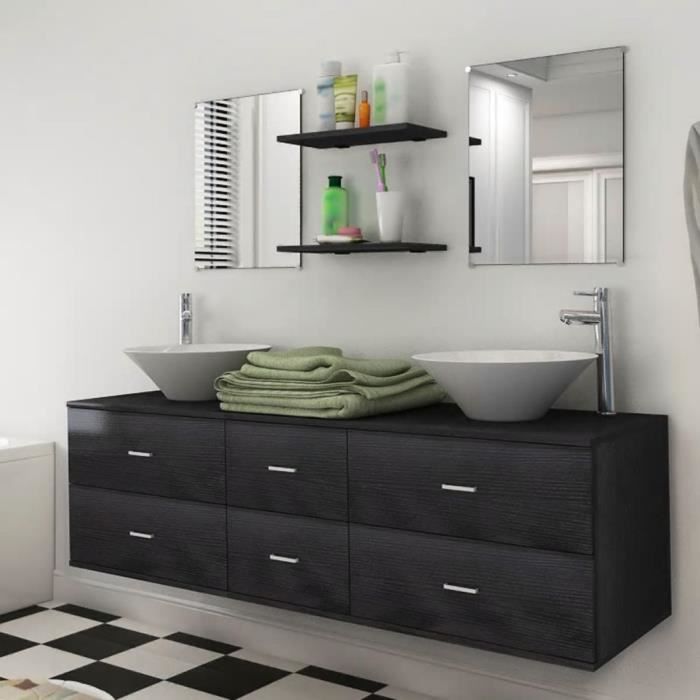 Ensemble 7 pièces de mobilier Meuble de Salle de Bain et lavabo Noir