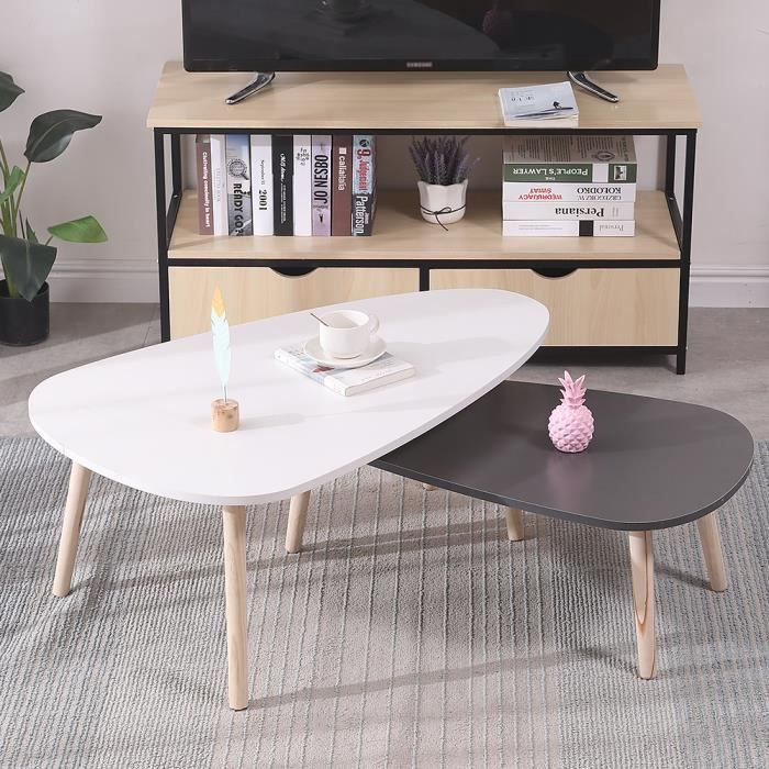 Lot de 2 tables basses gigognes scandinave laquées PM gris GM blanc