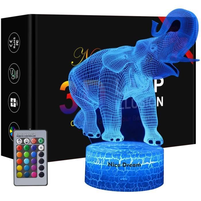 PRESOMA Veilleuse 3D Éléphant pour Enfant Illusion d’Optique 3D 16 Couleurs Changeantes Éclairage d’Anniversaire ou de Noël Cadeaux