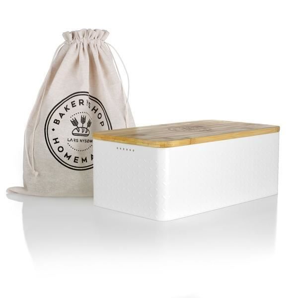 LARS NYSØM Boîte à pain 'Glæde' en métal avec sac à pain en lin pour une fraîcheur durable I 34x18.5x13.5cm - White