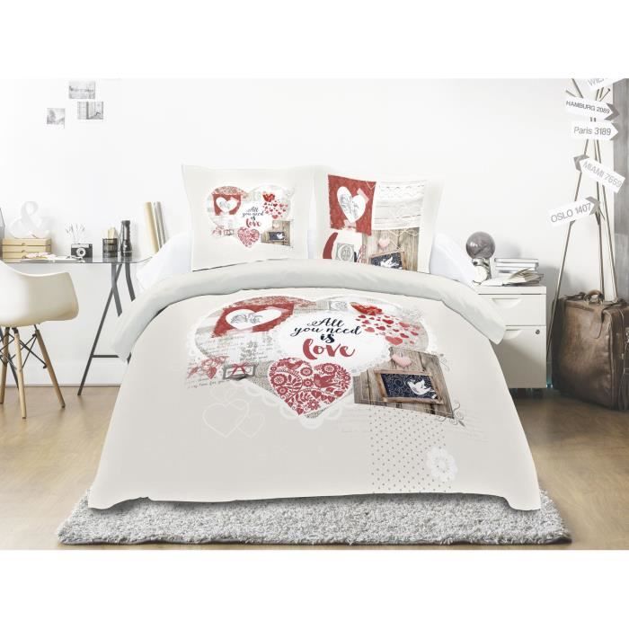 SOLEIL D'OCRE Parure de couette Coton WINTER HEART - 1 Housse de couette 220x240 cm + 2 Taies d'Oreillers 63x63 cm - Beige et rouge