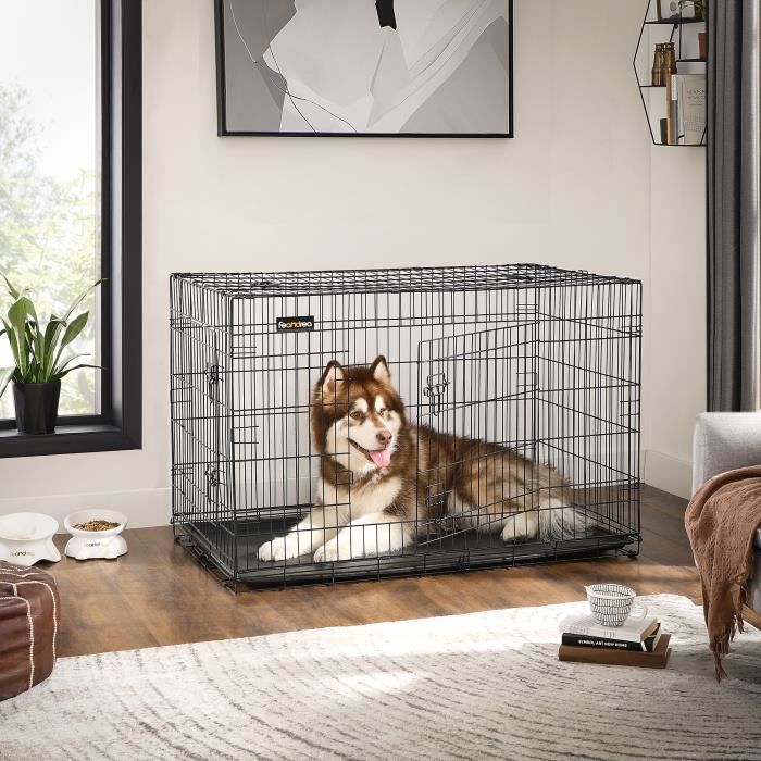 FEANDREA XXXL Cage pour Chien 122 x 76 x 81 cm 2 Portes Pliable et Transportable avec Poignées et Plateau Noir PPD48H