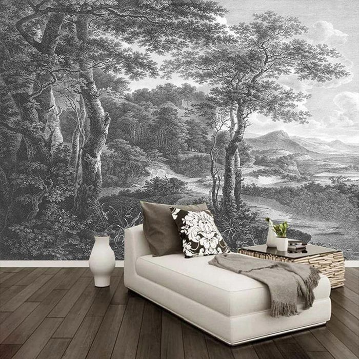Papier peint Rétro Noir Et Blanc Forêt Arbre Mural Salon TV Canapé Chambre Fresque,400x280 cm