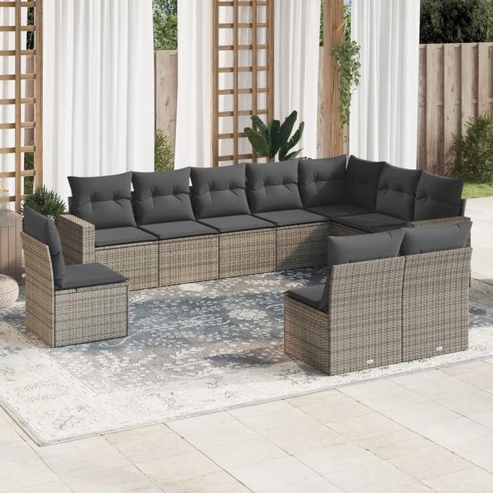 vidaXL Salon de jardin avec coussins 10 pcs gris résine tressée 3219100