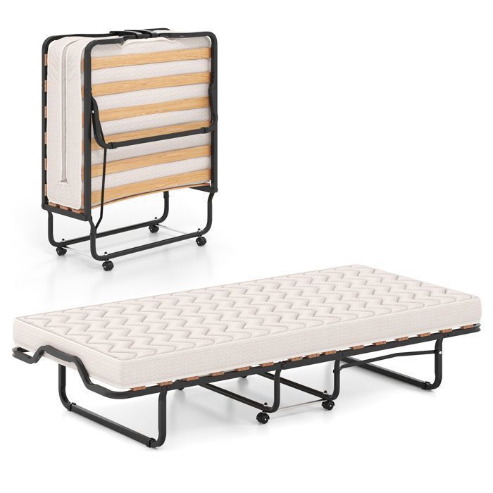 Lit Pliant 90x200 cm COSTWAY Structure de Lit à 4 Roues pour Invités Matelas Orthopédique en Mémoire 10 cm Charge 120kg Beige Lit Pliant 90x200 cm COSTWAY Structure de Lit à 4 Roues pour Invités Matelas Orthopédique en Mémoire 10 cm Charge 120kg Beige