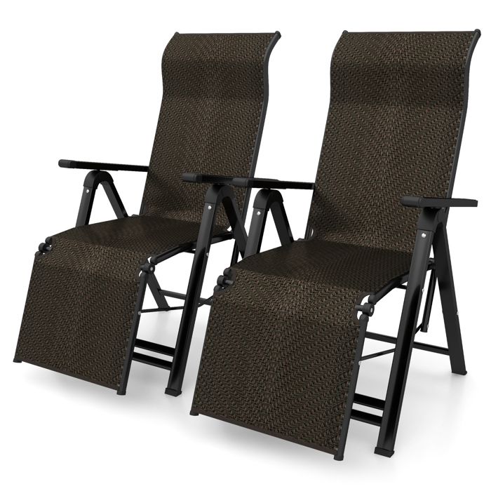 COSTWAY Lot de 2 Chaises Longues de Jardin Pliables en Rotin PE Dossier Réglable Fauteuil Inclinable pour Patio Terrasse Balcon