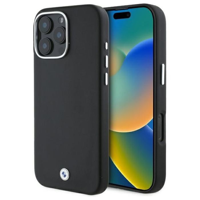 Coque téléphone - BMW - iPhone 16 Pro - Cuir noir - Métal - MagSafe