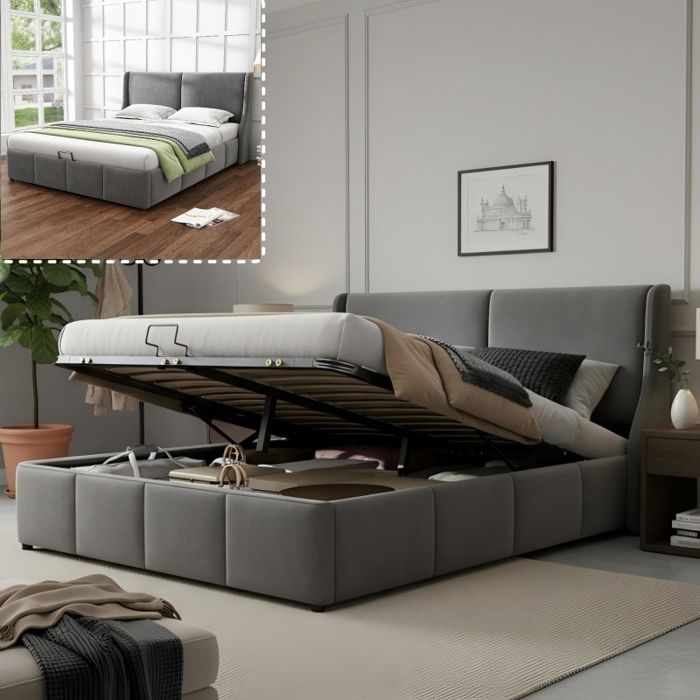 Lit coffre - VVBV - Lit rembourré 140x190 cm - Velours gris - Sommier inclus - Capacité 300 kg