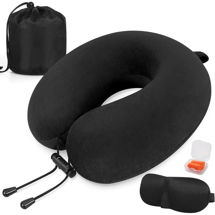 HOMIEE Oreiller de Voyage, Oreiller Cervical en Mousse à mémoire de Forme, Coussin de Support Cervical Essentiel pour Voyager, Masque de Sommeil, Bouchons d'oreille et Sac de Transport, Noir, Large