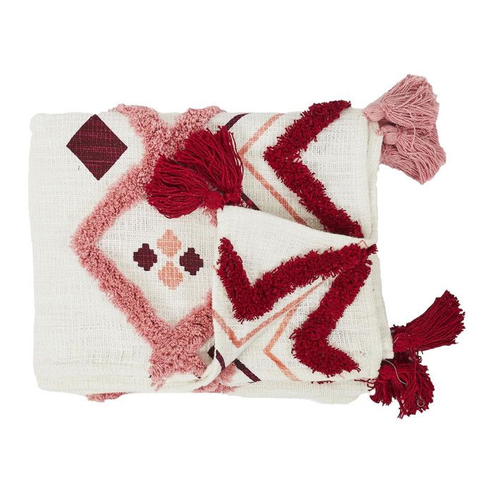 Plaid Jeté Ethnique Tufté 130x150cm Intérieur/Extérieur Coton Blanc et Rose avec Pompons - ZAINAB
