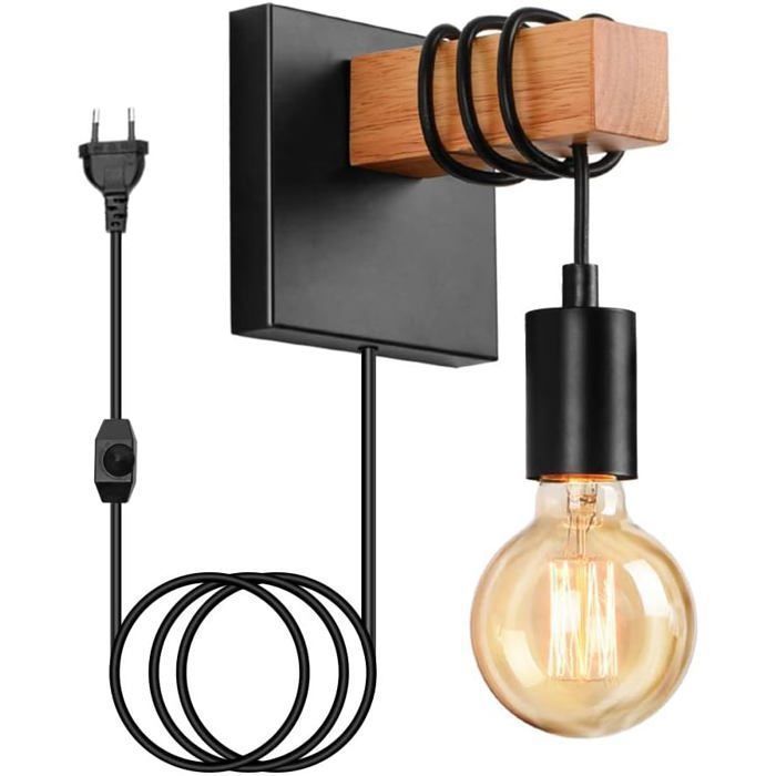 Applique Murale Industrielle en Bois Lampe Murale Vintage Interrupteur Prise Eclairage Murale intérieur Rétro  APPLIQUE DINTERIEUR