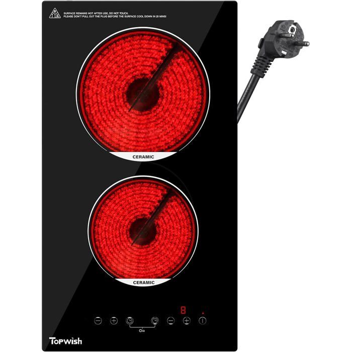 TOPWISH Gas hob 2 flames, gas stove 2 burners, glass gas hob built-in 30 cm, NG/LPG convertible, automatic ignition, thermal element protection, 4750