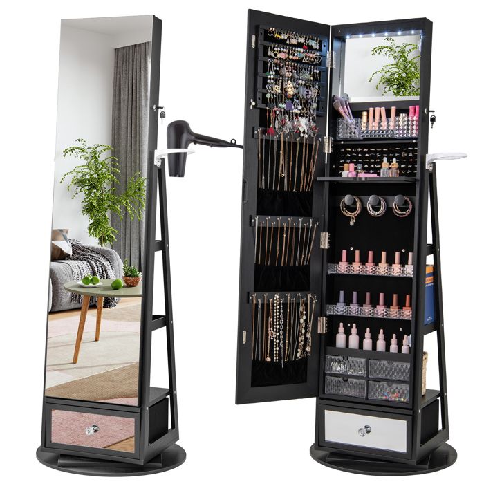 4 en 1 Armoire à Bijoux Pivotante à 360° COSTWAY Lumières LED et Miroir Support de Sèche-cheveux Etagères à larrière Noir