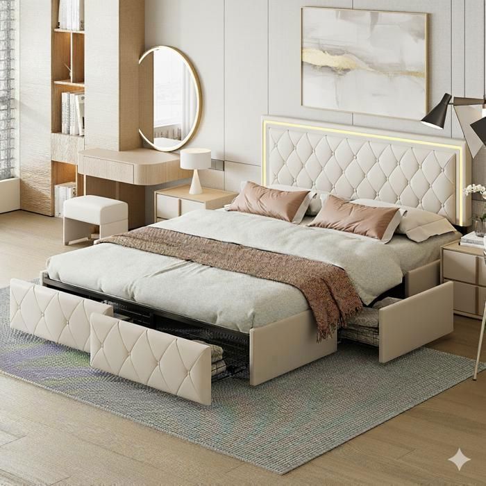 Lit 160x200 cm - COZY - lit double 160x200 - LED - sommier - lit adulte 160 - beige Lit 160x200 cm - COZY - lit double 160x200 - LED - sommier - lit adulte 160 - beige
