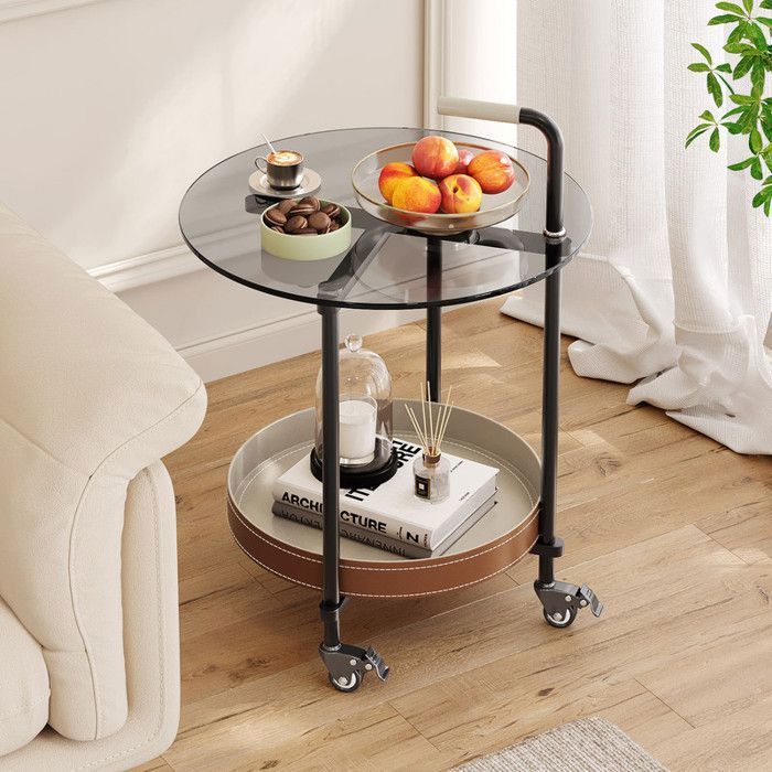 Table d’appoint mobile à roulettes avec rangement – structure métallique et plateau en verre trempé